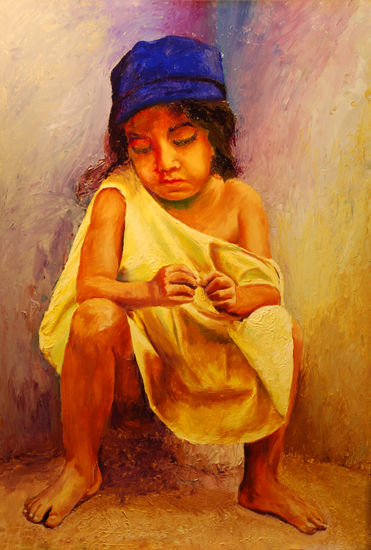 NIÑA AGACHADA Óleo Tabla Figura