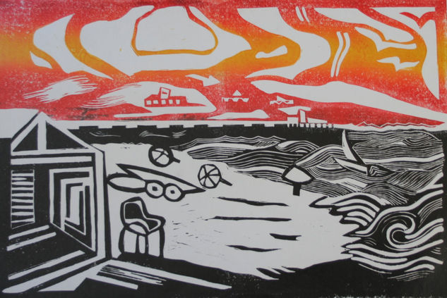 en una playa del sur Linocut