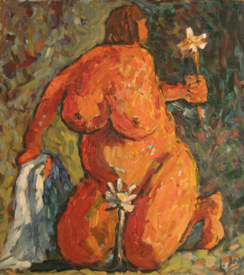 Mujer con margarita 1988 Oil Panel Nude Paintings