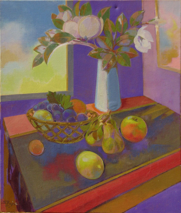 Susana Rojas. Naturaleza muerta con magnolias. Óleo. 60 x 70 cm