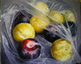 fruta y plasticos.oleo sobre tela