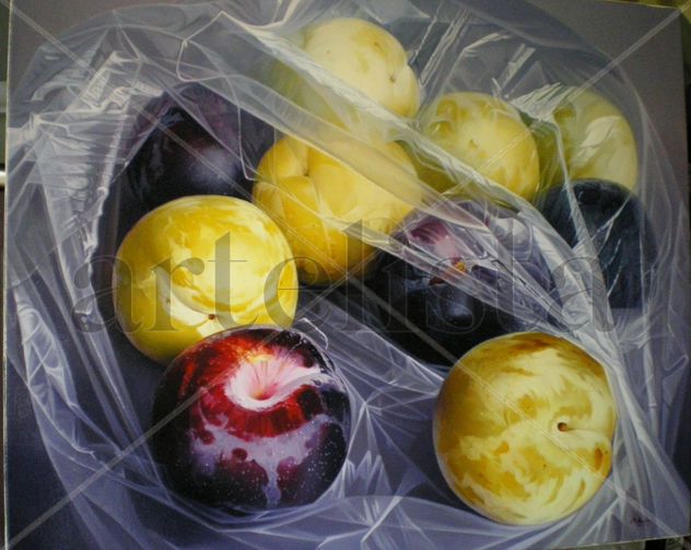 fruta y plasticos.oleo sobre tela