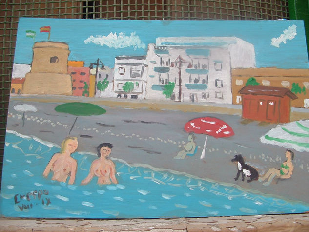 Torre de Balerma y playa , 60x40,´óleo sobre madera de Crespo Óleo Lienzo Paisaje