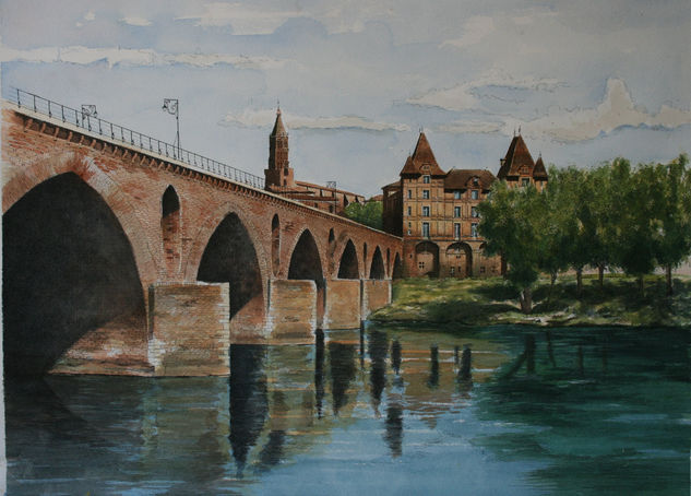 Le Pont vieux et le Musée Ingres. Montauban. Francia Acuarela Papel Paisaje