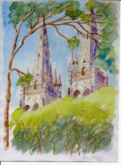 Torres de la Basílica Acuarela Papel Paisaje