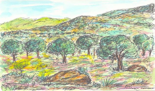 Arboles y montes al fondo Watercolour Card Landscaping