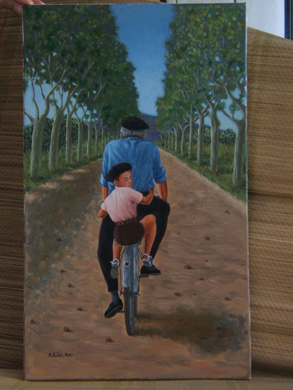 Abuelo y nieto en bicicleta Oil Canvas Landscaping