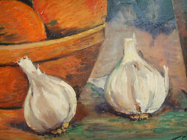 bodegón cabezas de ajos Oil Panel Still Life Paintings