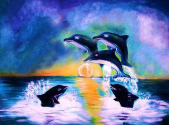 Delfines Oil Canvas Marine Painting