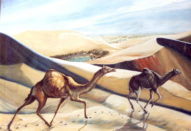 "camellos en huacachina" colecc:"colores de mi region de walter ramos" Oil Canvas Landscaping