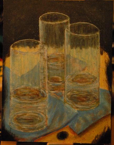 TRES VASOS Y UN DESAGÜE. Oil Canvas Still Life Paintings