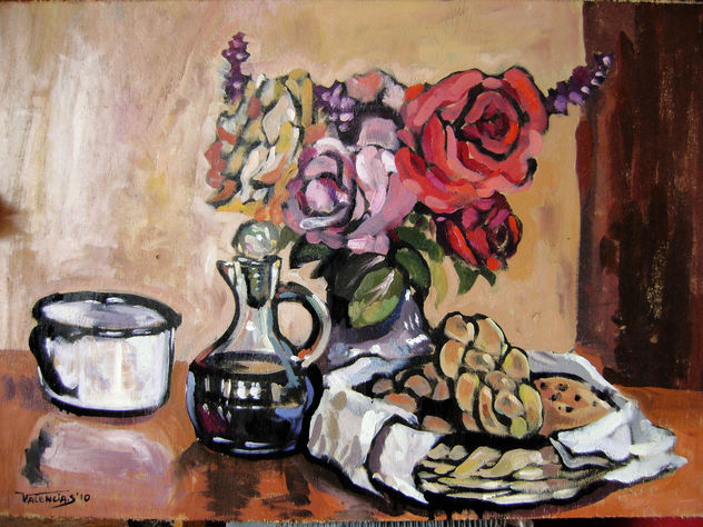 Naturaleza muerta con florero de rosas, pan y café.