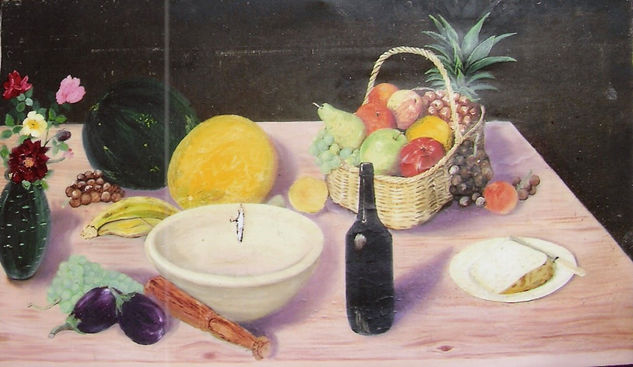 Canasta con frutas botelle y queso Oil Canvas Still Life Paintings