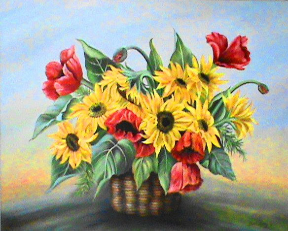canasta de girasoles y amapolas 