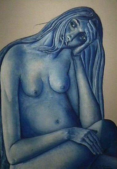 DESNUDO EN AZUL Oil Panel Nude Paintings