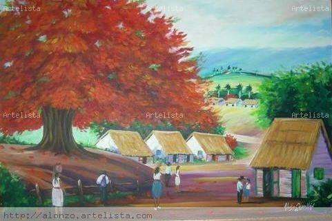 caserio con flamboyan Oil Canvas Landscaping