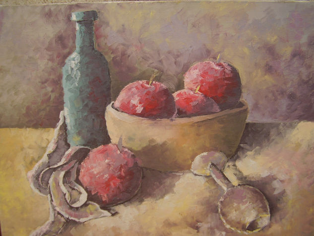 MANZANAS CON BOTELLA Oil Canvas Still Life Paintings