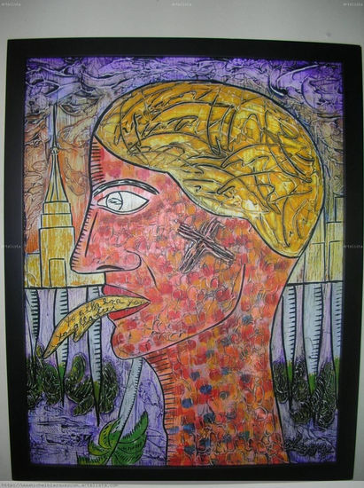 El Viajero Utopico Mixed media Panel Figure Painting