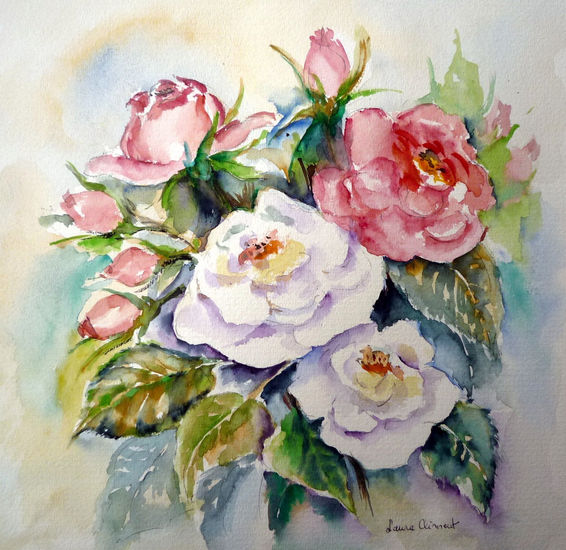 Dos rosas blancas Watercolour Paper Floral Painting