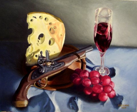 Estudio de una pistola, queso ,uvas y copa de vino 