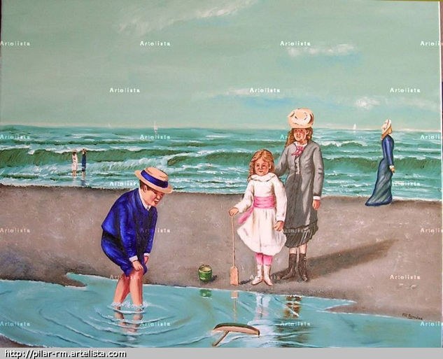 Niños jugando en la playa Oil Canvas Marine Painting