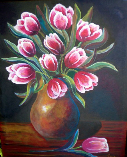 Jarron de tulipanes Acrylic Canvas Still Life Paintings