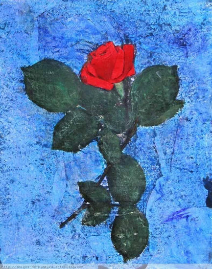 ROSA ROSSA SU SFONDO AZZURRO Oil Canvas Floral Painting