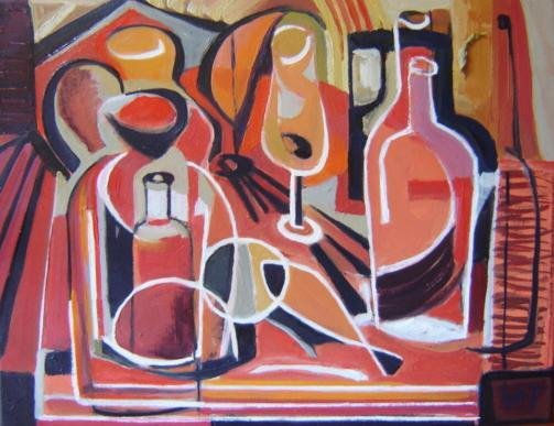 Bodegó 19.Botelles,copa i peix.cat Oil Textile Still Life Paintings