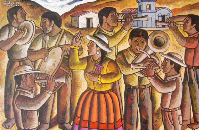 "MÚSICOS DEL PUEBLO" Oil Canvas Figure Painting