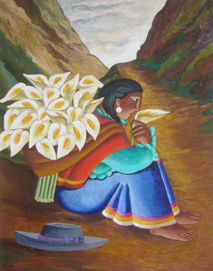 "YAUYINA CON FLORES" Óleo Lienzo Figura