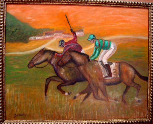 CARRERA DE CABALLOS Óleo Tabla Deportes