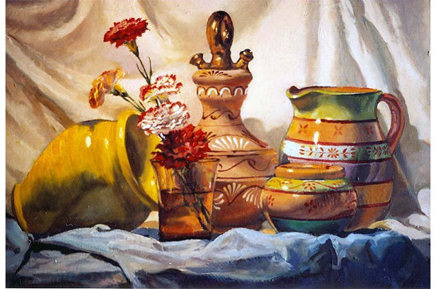 bodegon con claveles Oil Panel Still Life Paintings