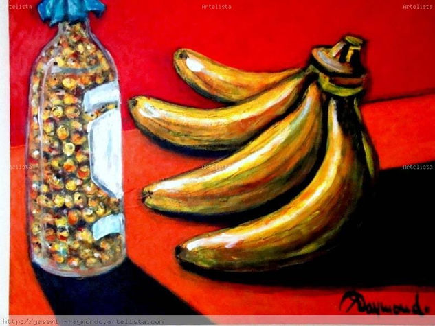 GUINEOS Y BOTELLA DE NANCE Acrylic Canvas Still Life Paintings