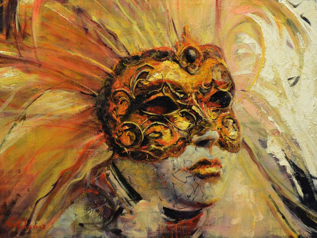 La Mascara Veneciana Oil Panel Figure Painting