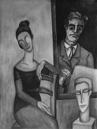 Yo como cabeza de piedra viendo como Modigliani dibuja a su esposa Jeanne Hébuterne 