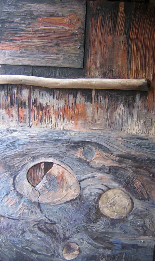 Composició amb blaus, terres i tros de fusta