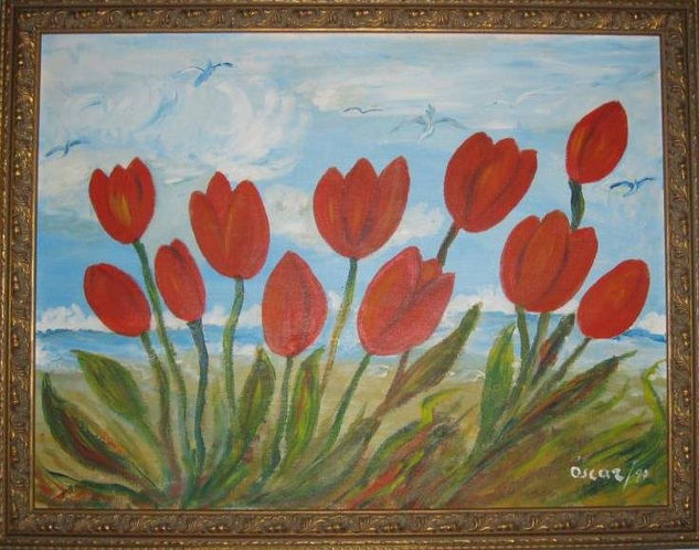 Tulipanes Óleo Tabla Paisaje