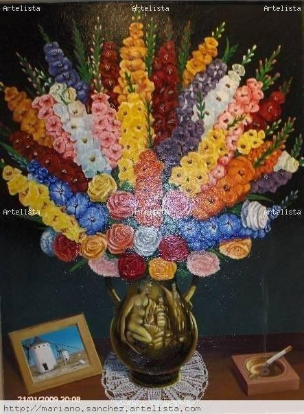 jarron de bronce con flores