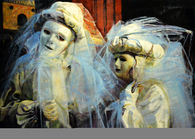 Una Pareja de Carnaval Oil Panel Figure Painting