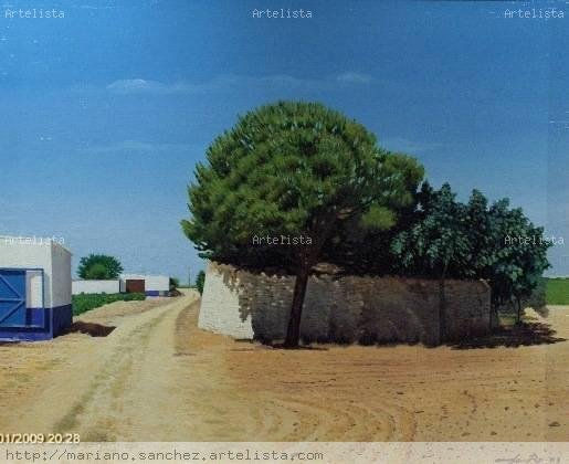 camino con cortijo y bombo con árboles Óleo Lienzo Paisaje