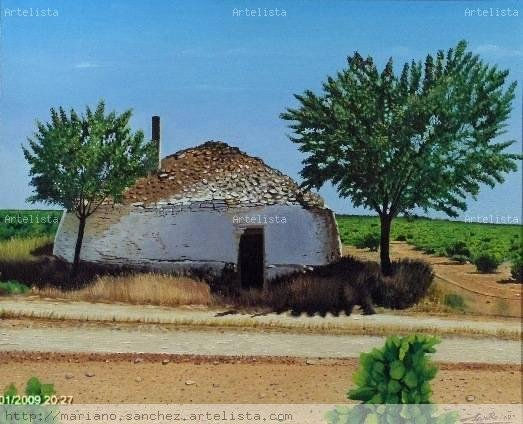 camino de tomelloso con árboles y bombo Óleo Lienzo Paisaje