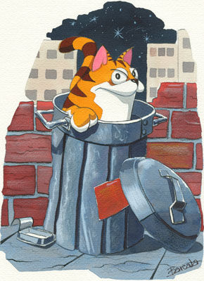 Gato en cubo de basura