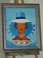 oleo de mujer azul con sombrero 