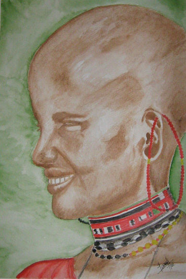 Mujer Masai Acuarela Papel Retrato