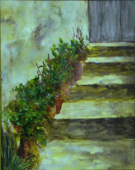 FLORES EN LA ESCALERA Acuarela Papel Paisaje