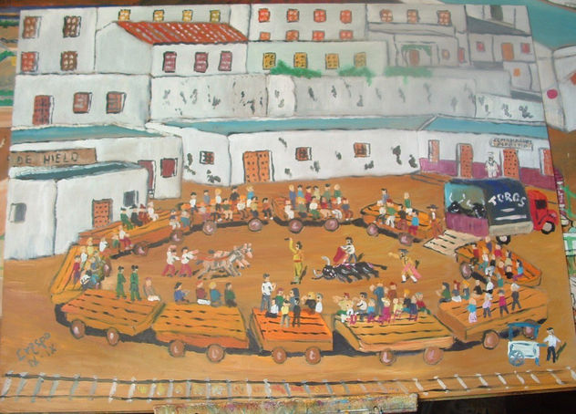 Corrida de toros en un pueblo (Adra) óleo sobre madera 80x60 cm de Crespo