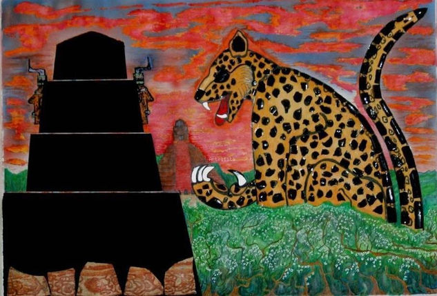 Jaguar, simbolo de fuerzay poder maya Acuarela Lienzo Paisaje