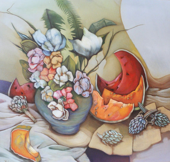 Composición con flores y frutos Oil Canvas Floral Painting