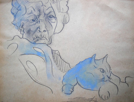 Boceto. Vieja con gato