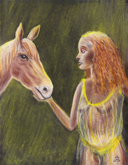 MUJER CON CABALLO Pastel Paper Landscaping